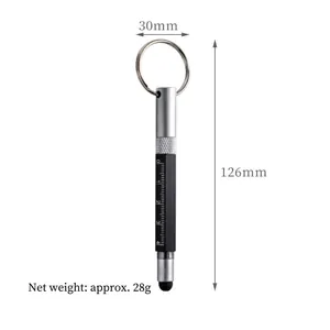 Portable multi-function metal tool pen keychain with ruler and stylus tip, 126mm long