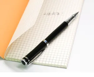 Close-up view of a sleek black metal rollerball pen resting on a grid paper notebook.