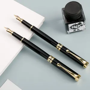 Professional black and gold metal fountain pen set with bottled black ink for business gifts
