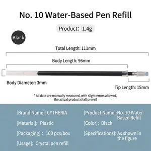 Black water-based ink refill for crystal pens with 111mm total length and 3mm diameter