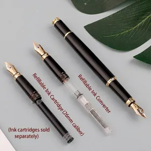 Elegant black and gold metal fountain pens with ink cartridge and converter options