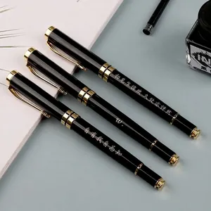 Three professional black metal fountain pens with elegant gold trim for business and gifts