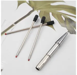 Close-up of 70mm metal ballpoint pen refills with black caps and a silver pen tip