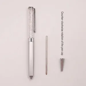 Silver crystal ballpoint pen with flat top design and extra refill for office gifts