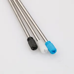 Three 70mm metal ballpoint pen refills with black, white and blue plastic caps