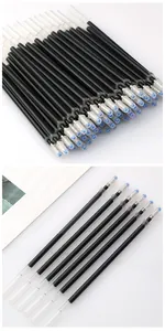 Detail view of black gel pen ink refills with protective caps for office stationery