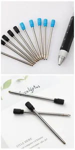 Detailed view of 55mm metal ballpoint pen refills with black and blue ink screw-on tops
