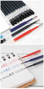Detail of 424 gel pen refills showing writing samples in red, blue, and black ink