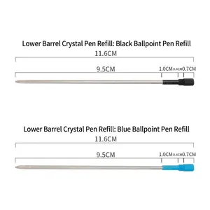 116mm metal ballpoint pen refills in black and blue oil-based ink with dimensions