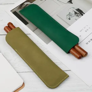 Retro vintage PU leather double pen sleeve pouch for portable stationery protection