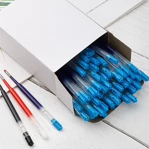 Assorted blue red and black water-based gel pen refills in a white cardboard box