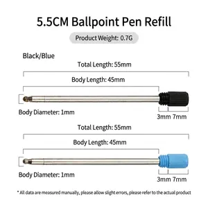Universal 55mm ballpoint pen refills in black and blue for crystal pen replacement