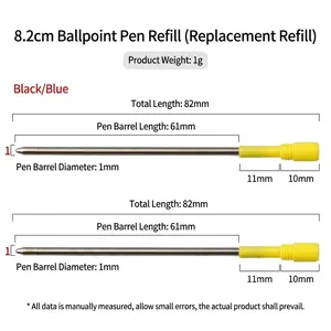 8.2cm metal ballpoint pen refills with detailed size measurements and weight specifications