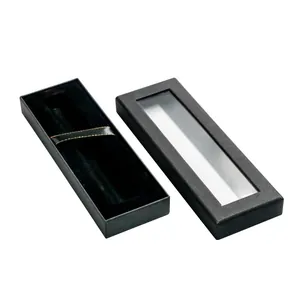 Scatola regalo nera per penne a cassetto con finestra trasparente e fodera velluto