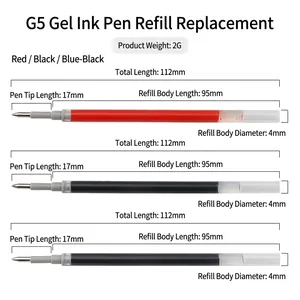 Detailed dimension chart of G5 water-based rollerball pen refills in three colors