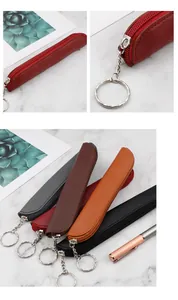 Close-up and group view of slim PU leather zipper pen sleeves with keychains in various colors