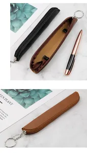 Detailed view of slim PU leather zipper pen sleeves in black and brown colors