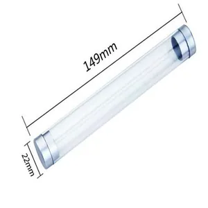 Clear cylindrical plastic pen case showing dimensions 149mm length and 22mm diameter
