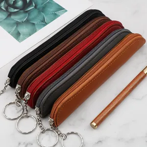 Multi-color portable PU leather pencil sleeves with zipper and keychain accessories