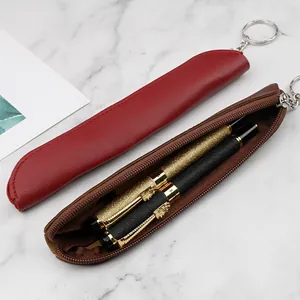 Minimalist PU leather pen sleeve with zipper and keychain for portable stylus protection