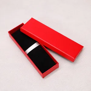 Premium red textured pen gift box with black velvet lining and silver ribbon holder