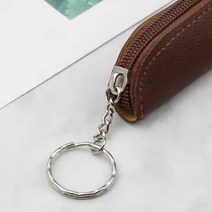 Compact brown PU leather zipper pen pouch with keychain for Apple Pencil storage