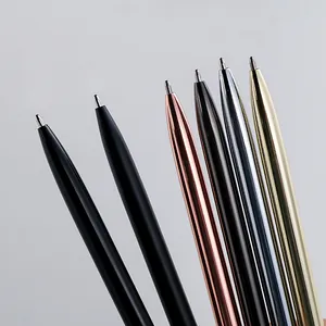 Slender metal ballpoint pens in various metallic finishes for office and business.