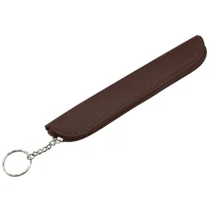 Brown PU leather zipper pen sleeve with keychain for stylus protection on white background.