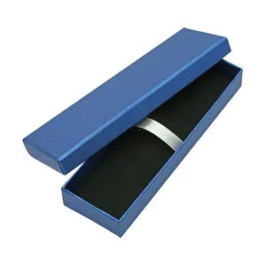 Textured blue rectangular pen gift box with black velvet lining and ribbon