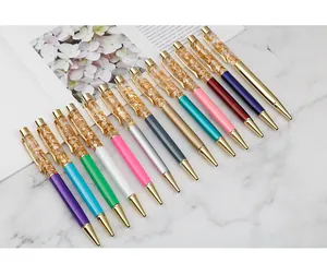 Elegant metal ballpoint pens with decorative gold foil flakes in thirteen vibrant colors