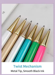 Macro view of colorful metal ballpoint pens with rotating mechanism and smooth black ink.