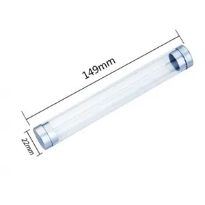 Clear cylindrical plastic pen tube case with silver caps, 149mm x 22mm dimensions