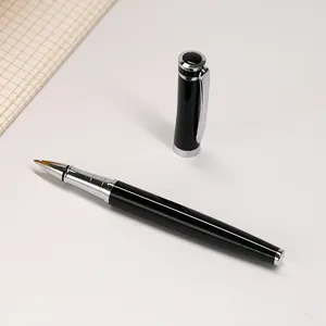 Minimalist black metal rollerball pen with silver accents for professional writing