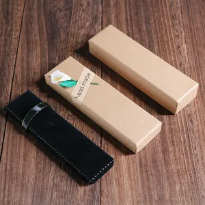 Vintage kraft paper gift box and black velvet pen pouch with handmade flower decoration