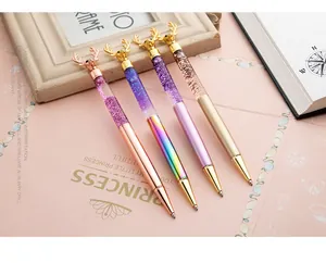 Elegant reindeer head ballpoint pens with liquid glitter barrels for Christmas gifts.