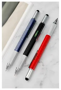 Detailed view of three colorful multifunctional tool pens with ruler and level functions.