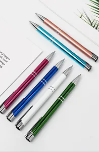 Detail view of colorful retractable metal ballpoint pens with aluminum barrels