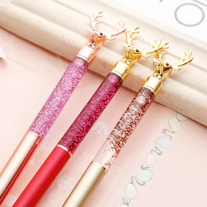 Creative reindeer head glitter quicksand ballpoint pen set for Christmas gift.