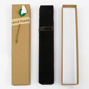 Set de boîte cadeau longue en papier kraft vintage avec insert velours et fleur