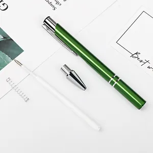 Green aluminum barrel click ballpoint pen shown with internal refill and metal tip