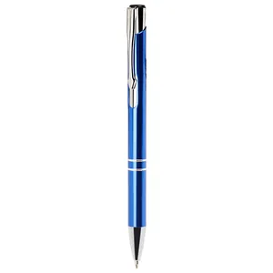 Professional blue metal retractable ballpoint pen with sleek aluminum barrel and silver clip