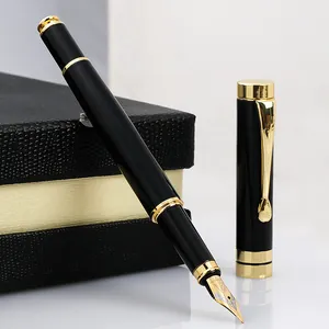 Elegant black and gold metal fountain pen with luxury textured gift box