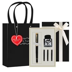 Luxury metal fountain pen gift set with black ink and elegant packaging box
