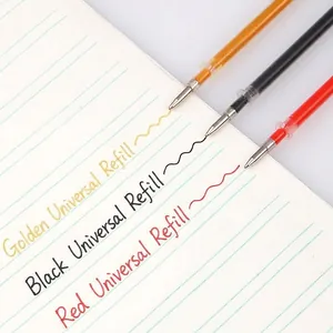 Universal 0.5mm gel pen refills set with gold black and red ink on lined notebook