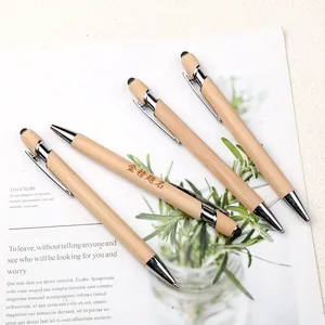 Natural bamboo ballpoint pens with touch screen stylus tip and metal clip for office