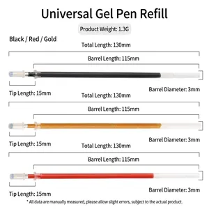 Universal gel pen refills in black, red, and gold, 130mm replacement cores
