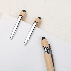 Eco-friendly bamboo ballpoint pen with capacitive stylus tip and premium metal clip