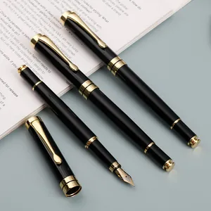 Pluma Estilográfica de Metal de Negocios Clásica Herramienta de Escritura Profesional Cuerpo Laca Negra Ribete Dorado Regalo