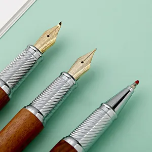 Premium sandalwood business fountain pen and rollerball set with iridium EF nibs