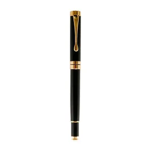 Professional classic black metal rollerball pen with elegant gold trim on white backdrop